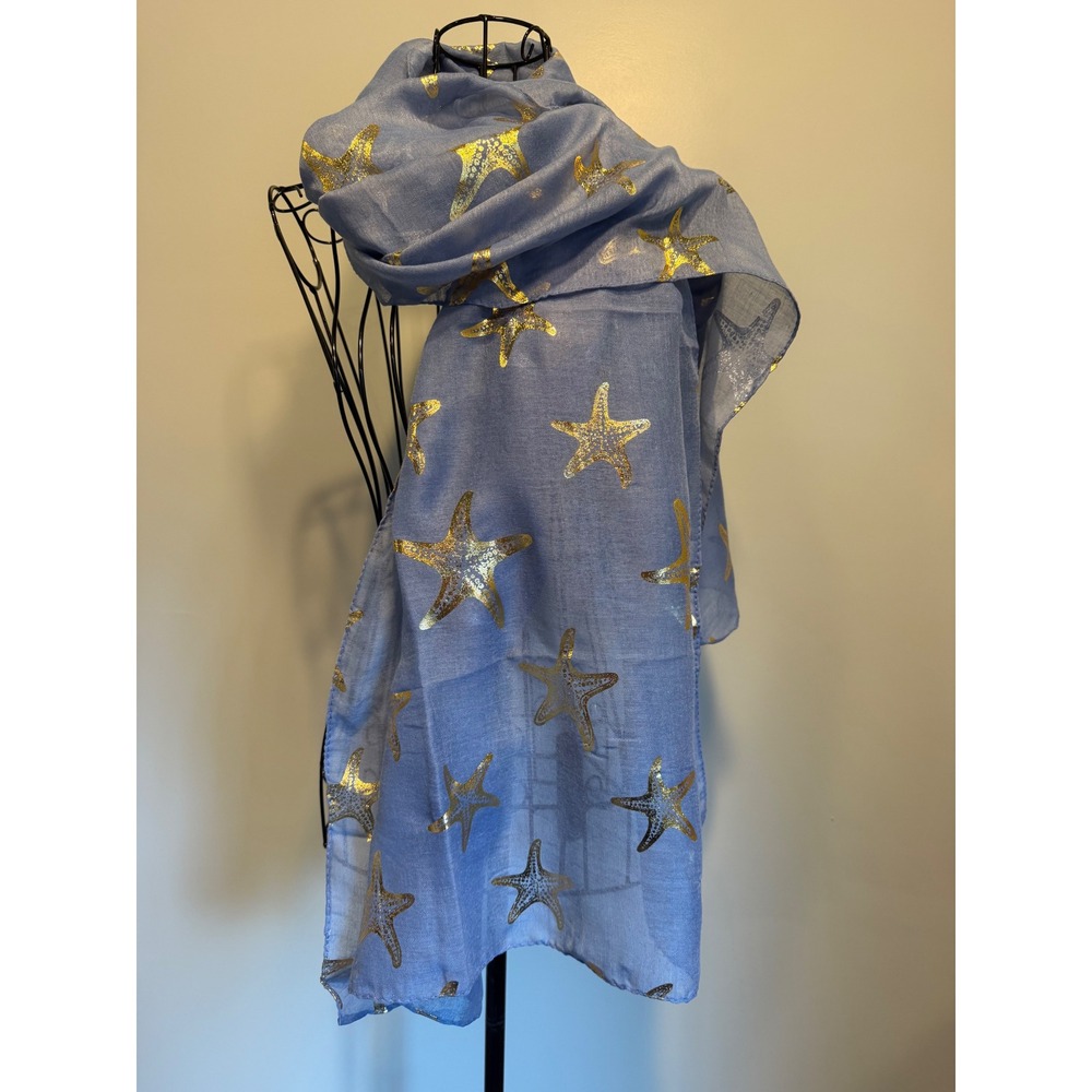 Avenue 9 Blue Gold Starfish Scarf Metallic Nautical Coastal Wrap Lightweight NEW